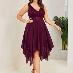 Ever Pretty Sleeveless V-Neck Handkerchief Hem Dress in Burgundy